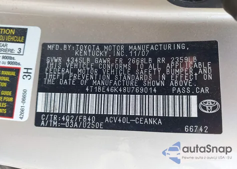 2008 Toyota Camry Le из США, поврежденный, VIN 4T1BE46K48U769014